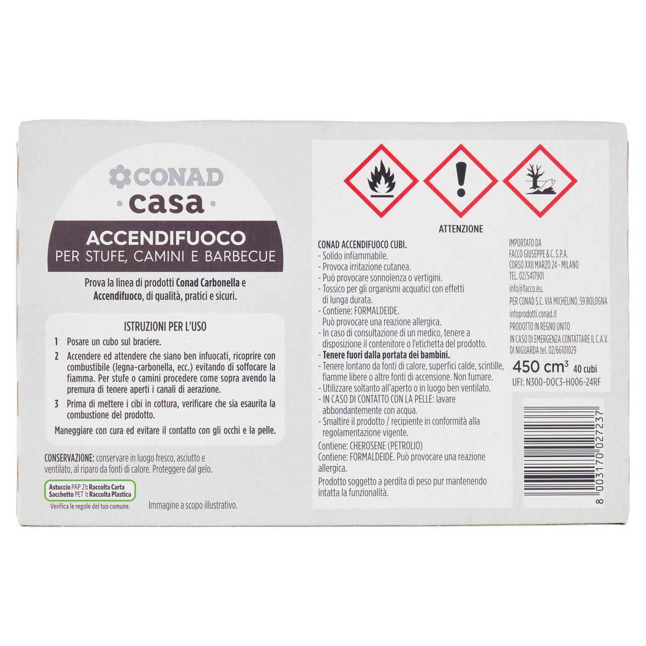 CONAD casa Accendifuoco per Stufe, Camini e Barbecue 450 cm³ 40 Cubi
