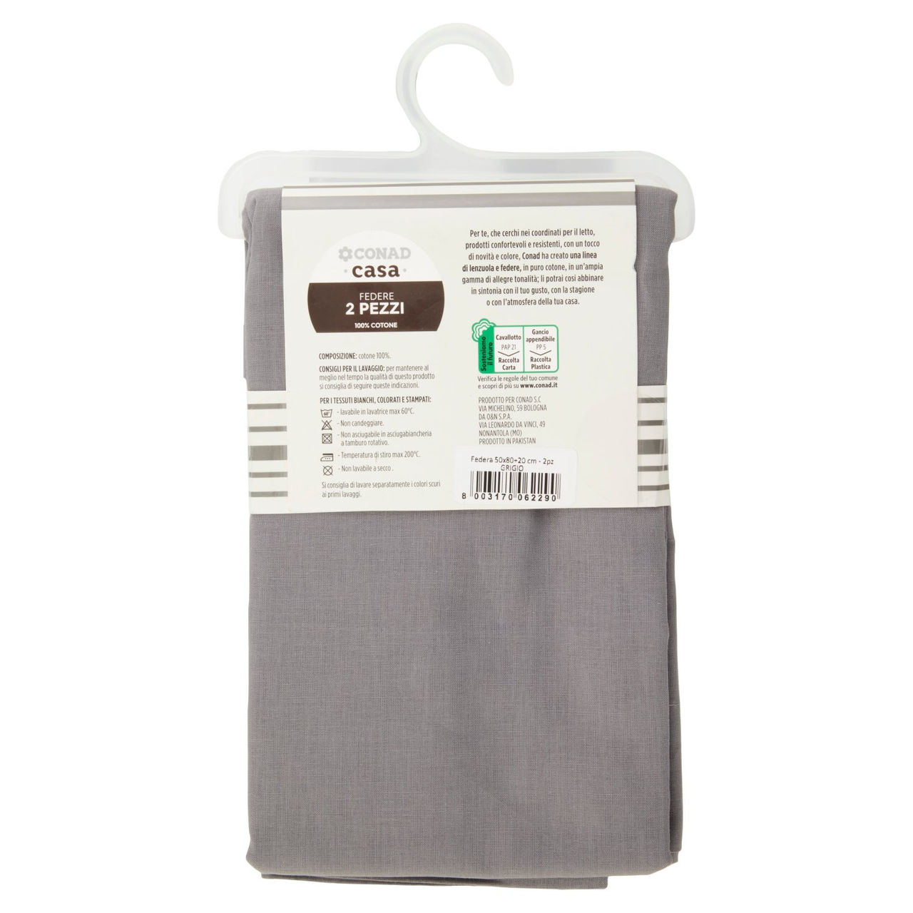 CONAD casa Federe 100% Cotone 50x80 cm Grigio 2 Pezzi