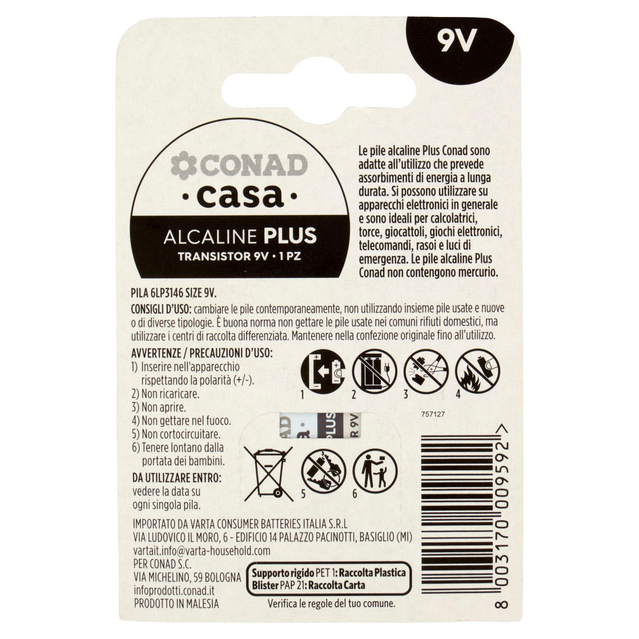 CONAD casa Pila Alcaline Plus Transistor 9V 1 pz