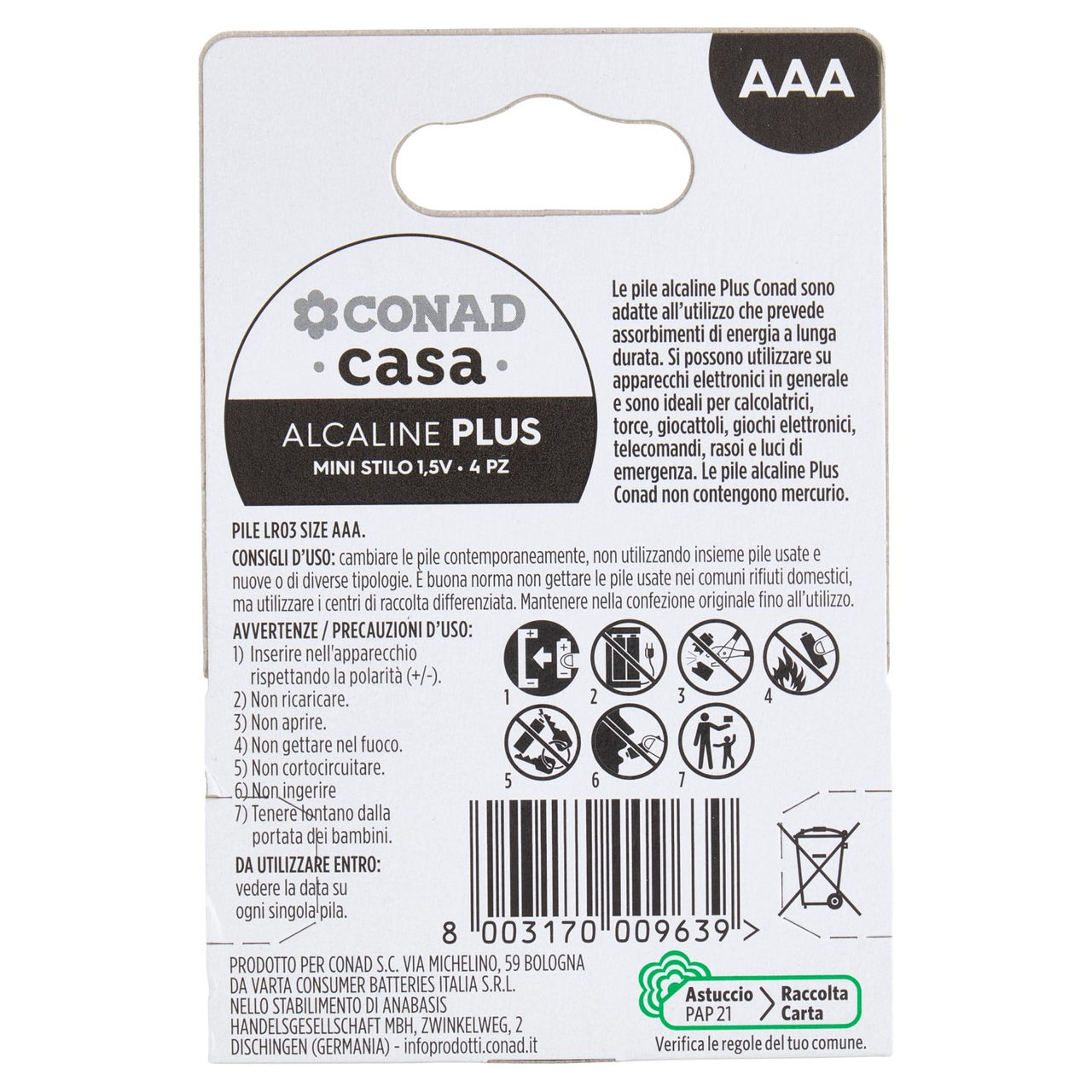 CONAD casa Pile Alcaline Plus Mini Stilo 1,5V 4 pz