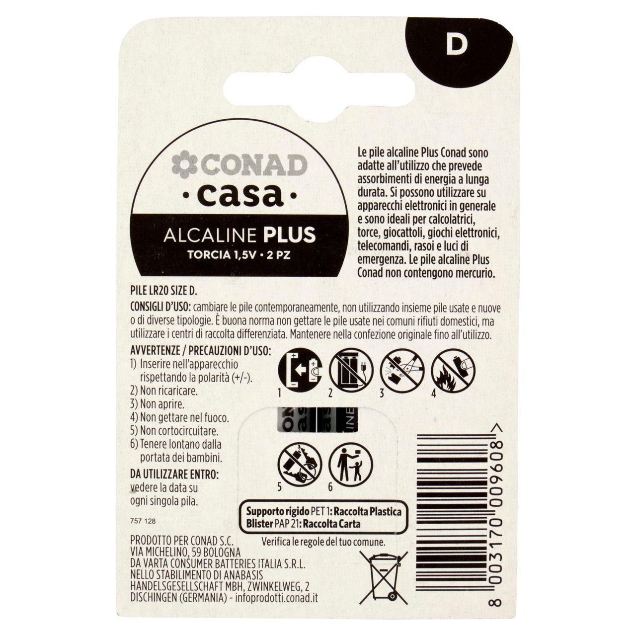 CONAD casa Pile Alcaline Plus Torcia 1,5V 2 pz