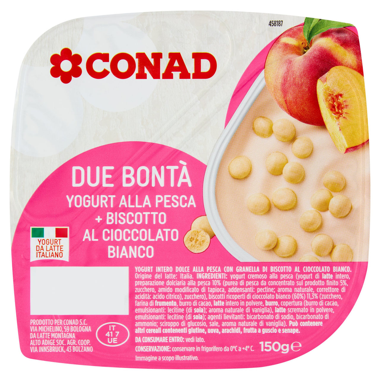 CONAD Due Bontà Yogurt alla Pesca   Biscotto al Cioccolato Bianco 150 g