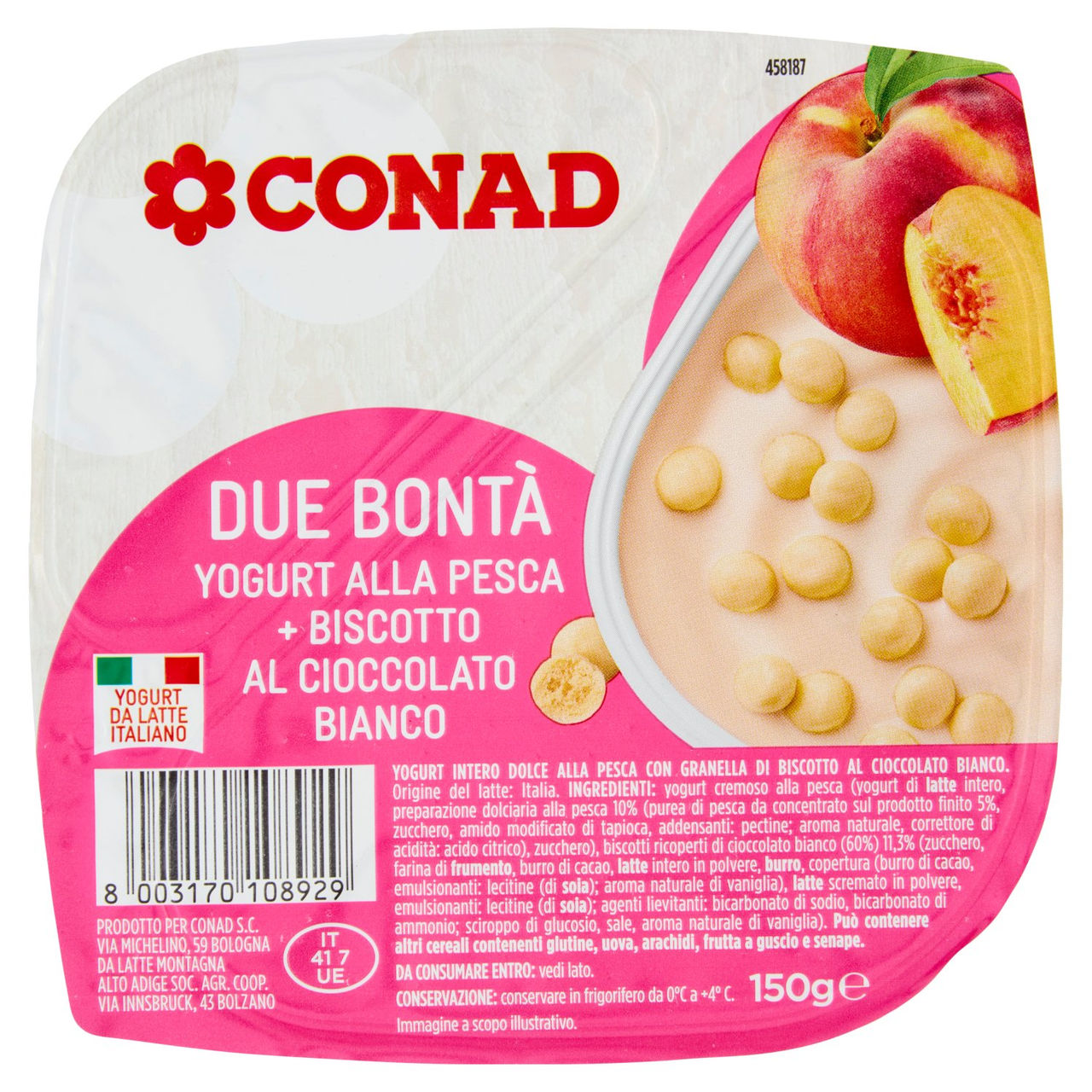 CONAD Due Bontà Yogurt alla Pesca   Biscotto al Cioccolato Bianco 150 g