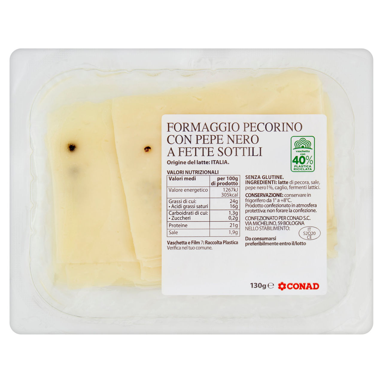 CONAD Formaggio Pecorino con Pepe Nero a Fette Sottili 130 g