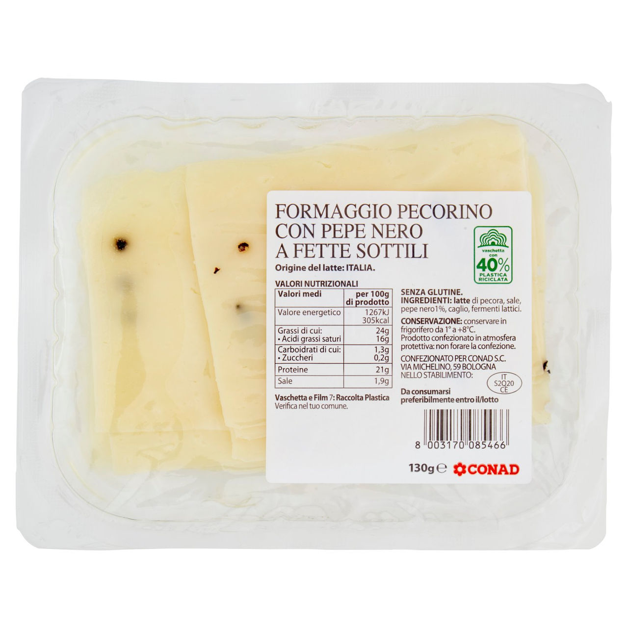 CONAD Formaggio Pecorino con Pepe Nero a Fette Sottili 130 g