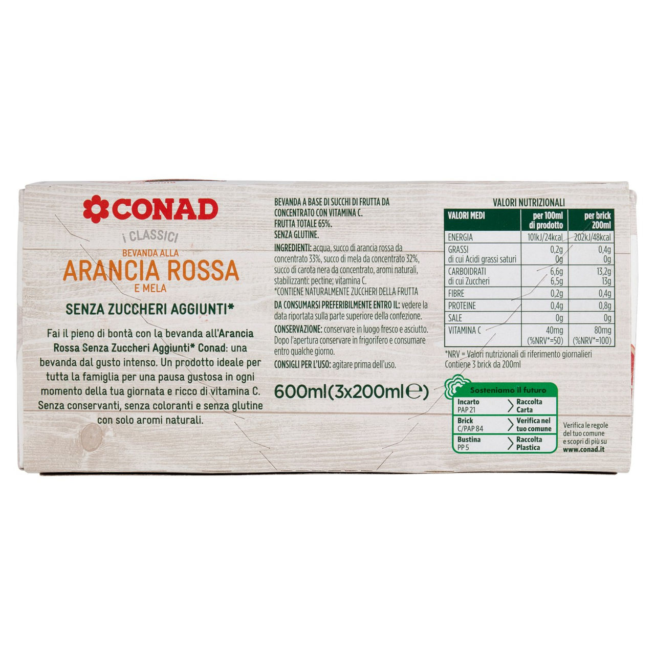 CONAD i Classici Bevanda alla Arancia Rossa Senza Zuccheri Aggiunti* 3 x 200 ml