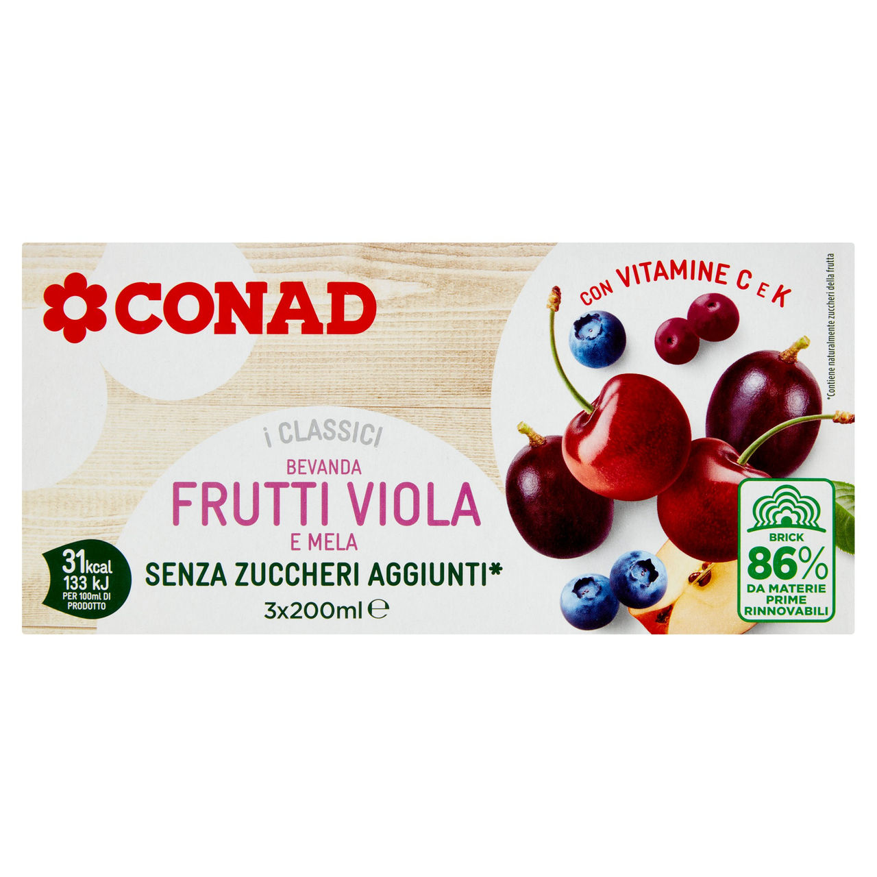 CONAD I Classici Bevanda Frutti Viola e Mela Senza Zuccheri Aggiunti* 3 x 200 ml