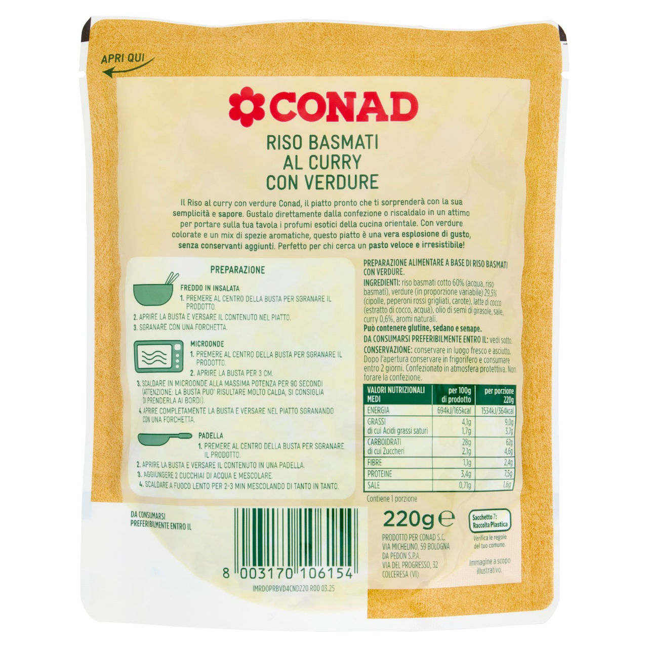 CONAD I Cotti al Vapore Riso Basmati al Curry con Verdure 220 g