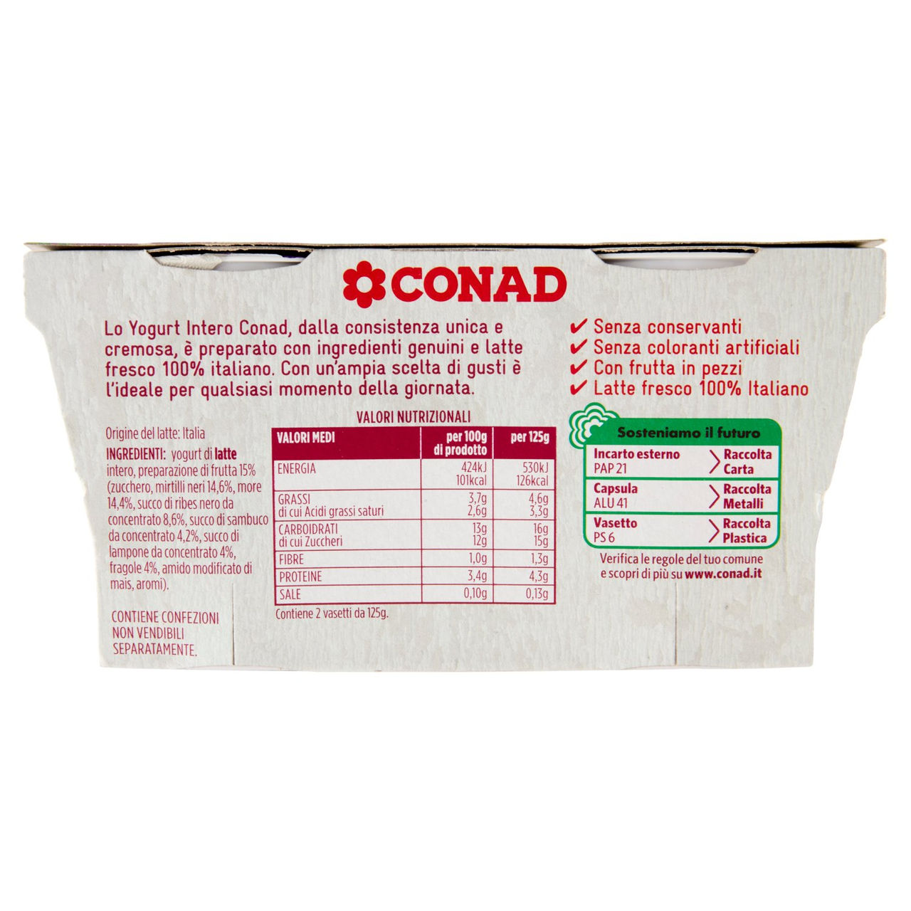 Yogurt Intero ai Frutti di Bosco 2x125g Conad