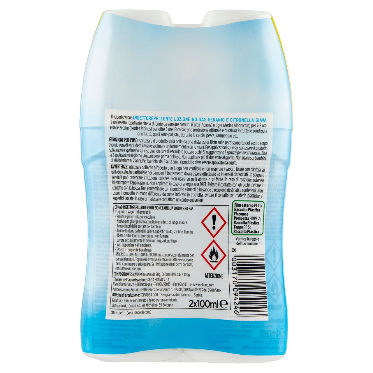 CONAD Insetto Repellente Protezione Famiglia Lozione no gas geranio e citronella giava 2 x 100 ml