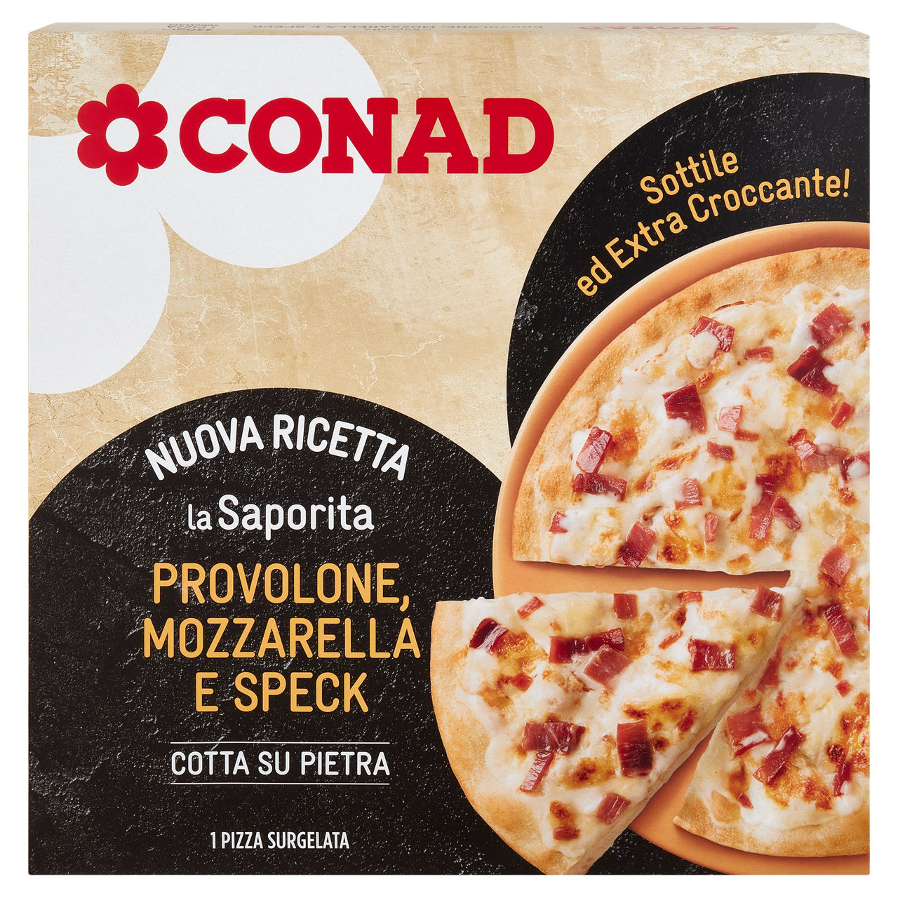 CONAD la Saporita Provolone, Mozzarella e Speck 1 Pizza Surgelata 330 g