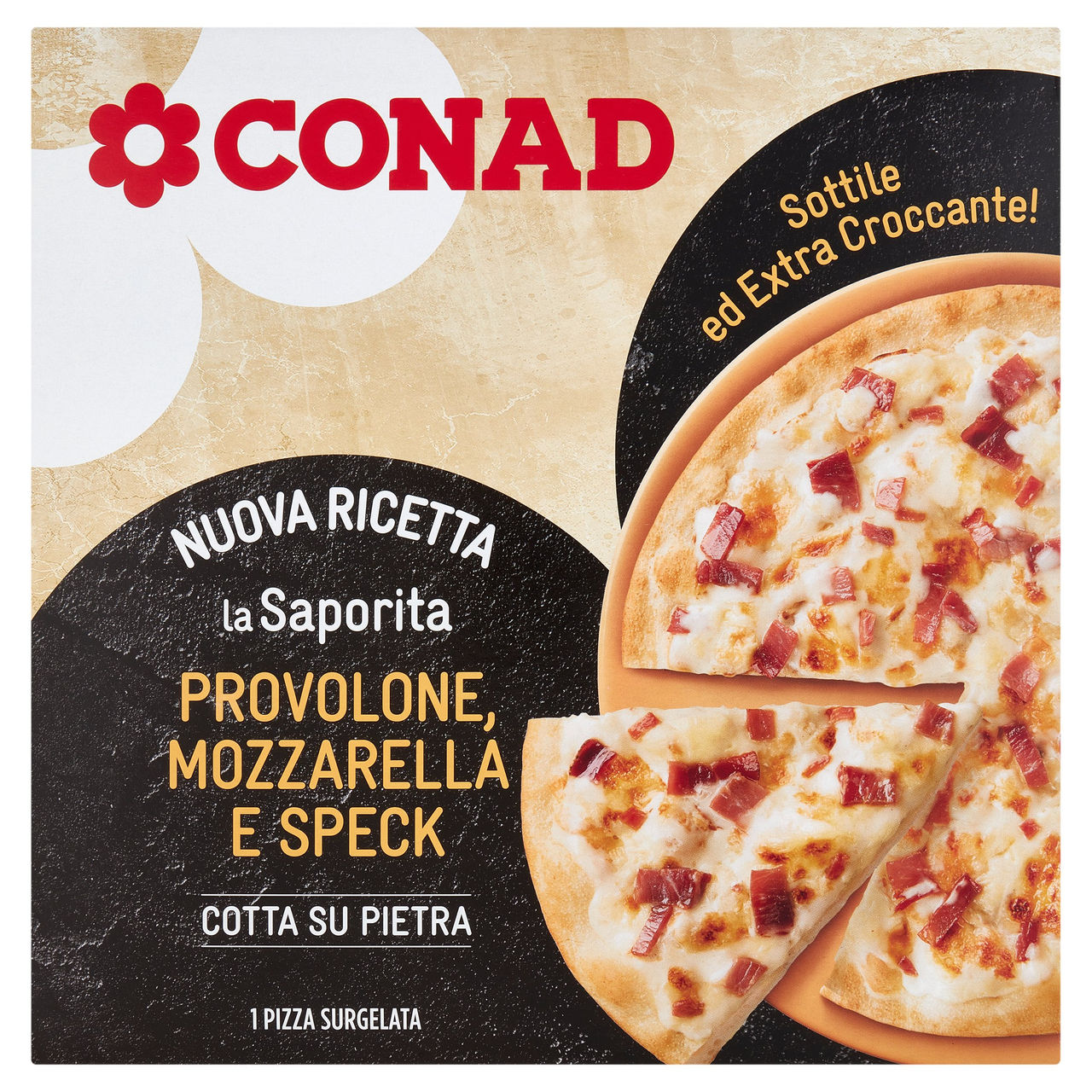 CONAD la Saporita Provolone, Mozzarella e Speck 1 Pizza Surgelata 330 g