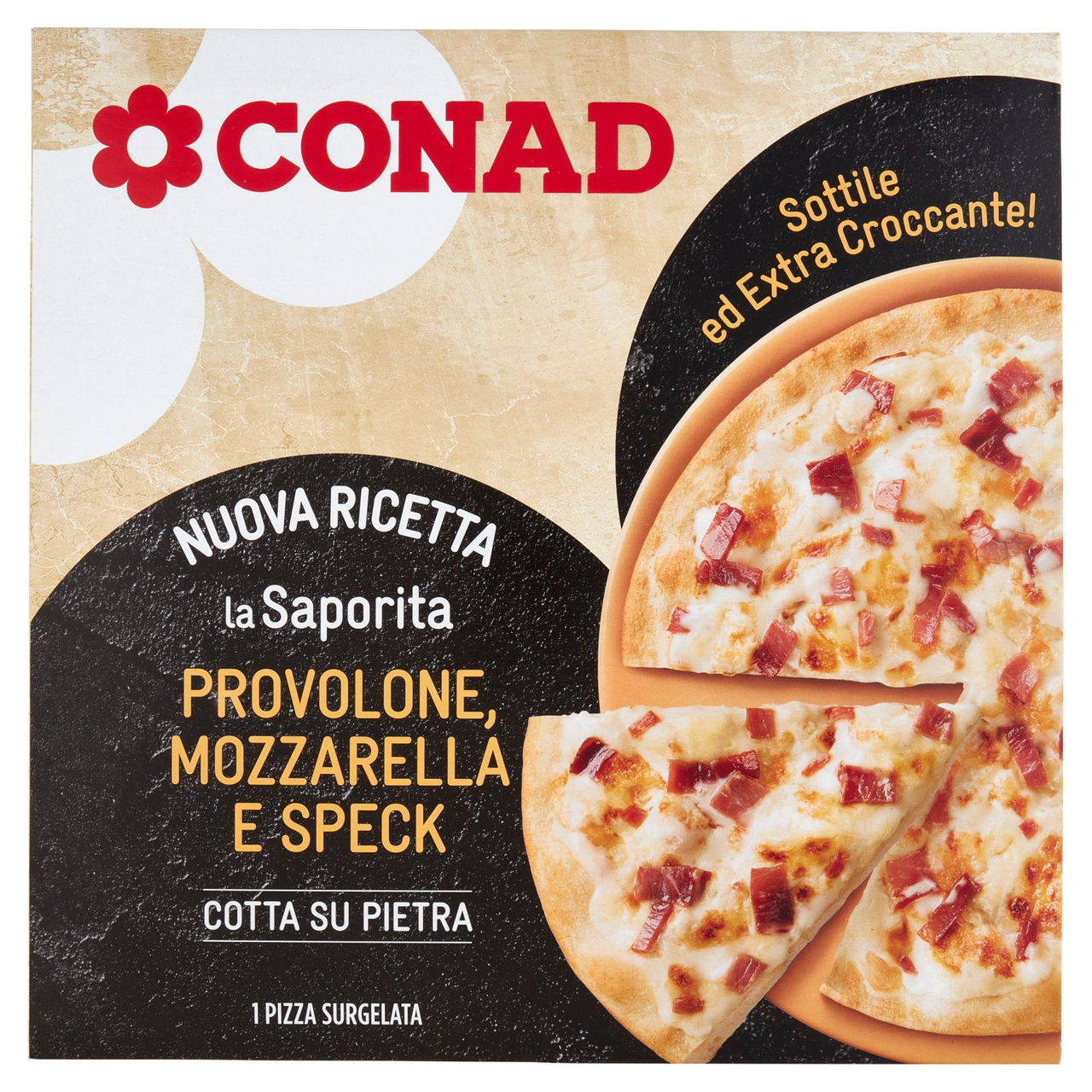 CONAD la Saporita Provolone, Mozzarella e Speck 1 Pizza Surgelata 330 g