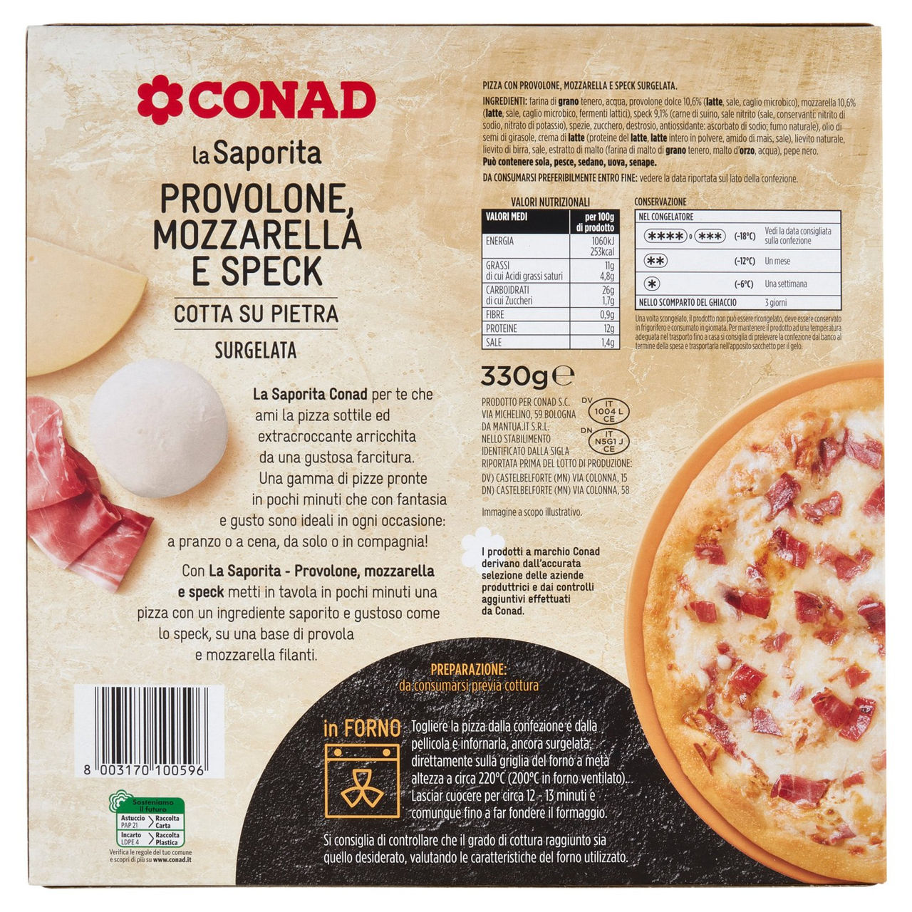 CONAD la Saporita Provolone, Mozzarella e Speck 1 Pizza Surgelata 330 g