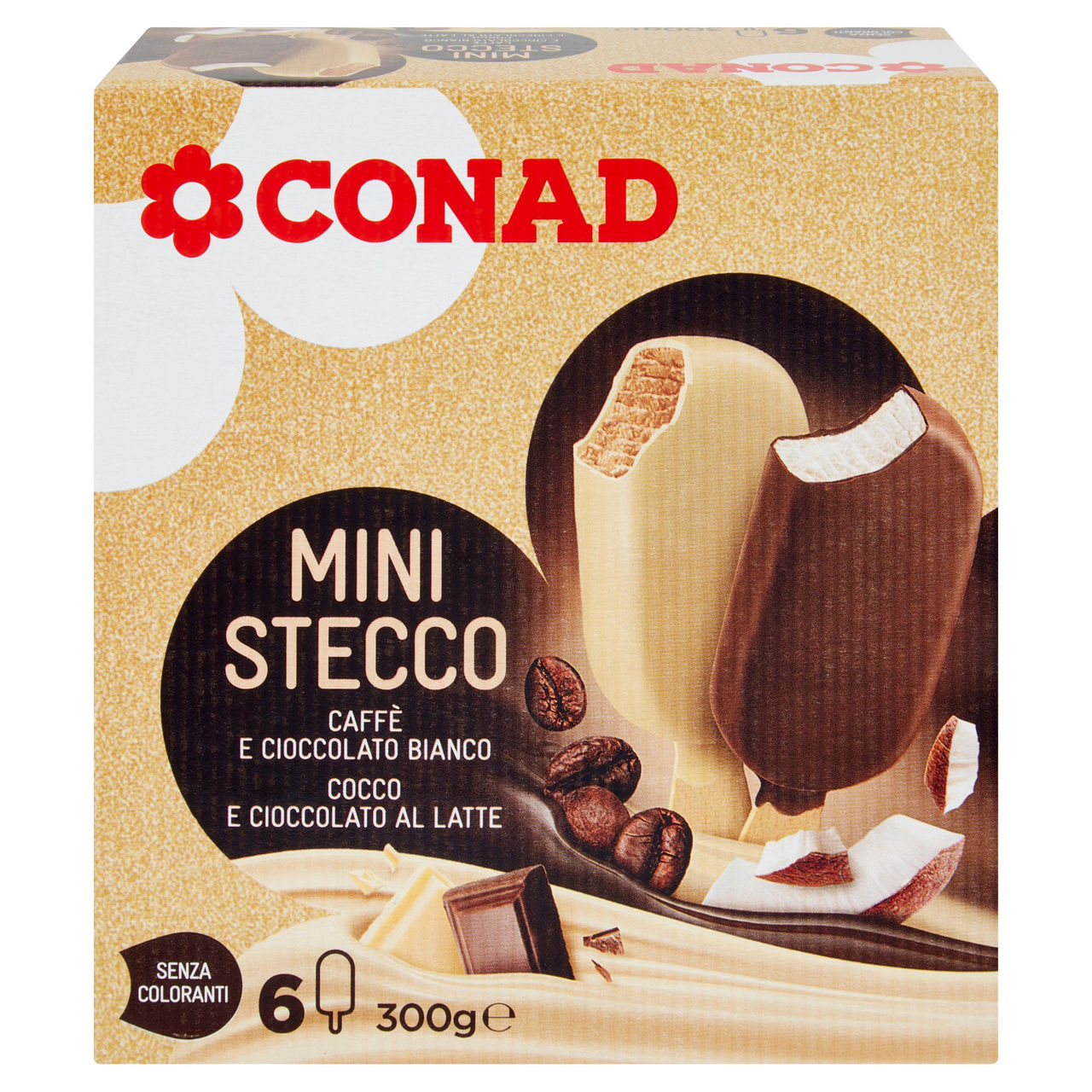 CONAD Mini Stecco Caffè e Cioccolato Bianco - Cocco e Cioccolato al Latte 6 x 50 g