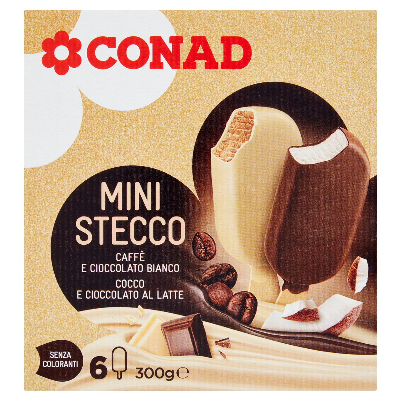 CONAD Mini Stecco Caffè e Cioccolato Bianco - Cocco e Cioccolato al Latte 6 x 50 g