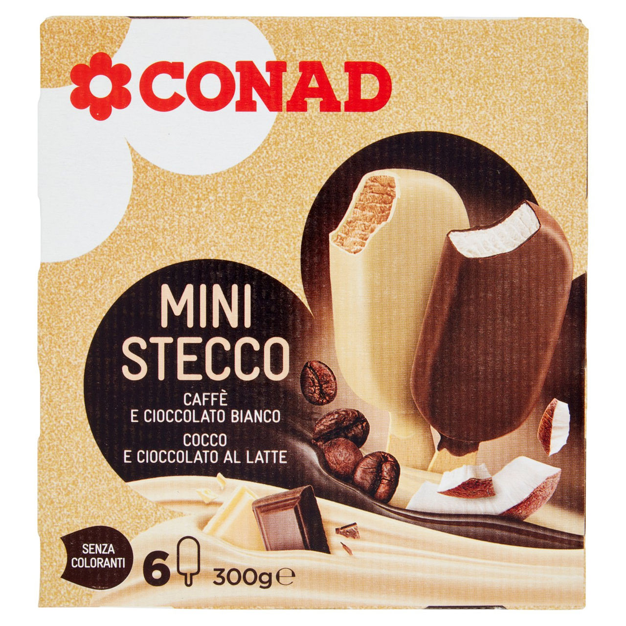 CONAD Mini Stecco Caffè e Cioccolato Bianco - Cocco e Cioccolato al Latte 6 x 50 g