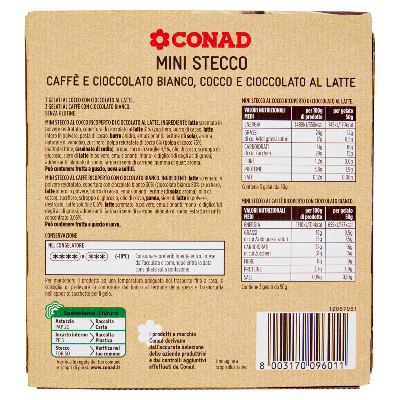 CONAD Mini Stecco Caffè e Cioccolato Bianco - Cocco e Cioccolato al Latte 6 x 50 g