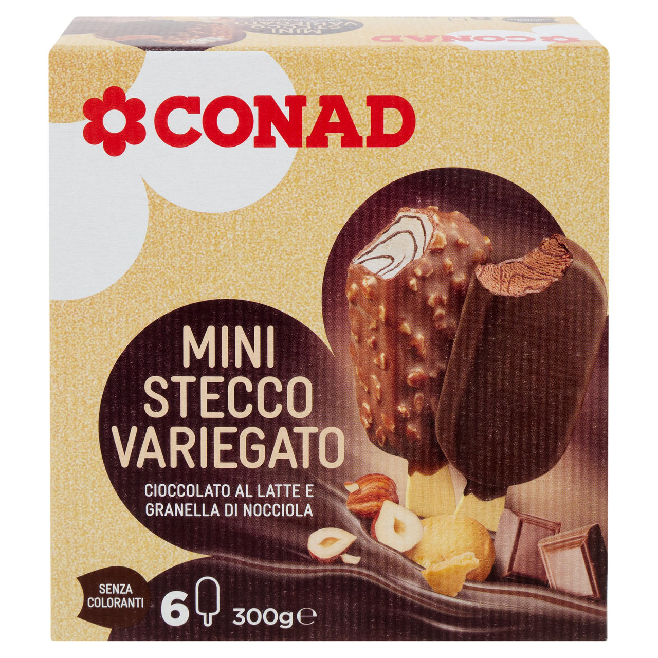 CONAD Mini Stecco Variegato Cioccolato al Latte e Granella di Nocciola 6 x 50 g