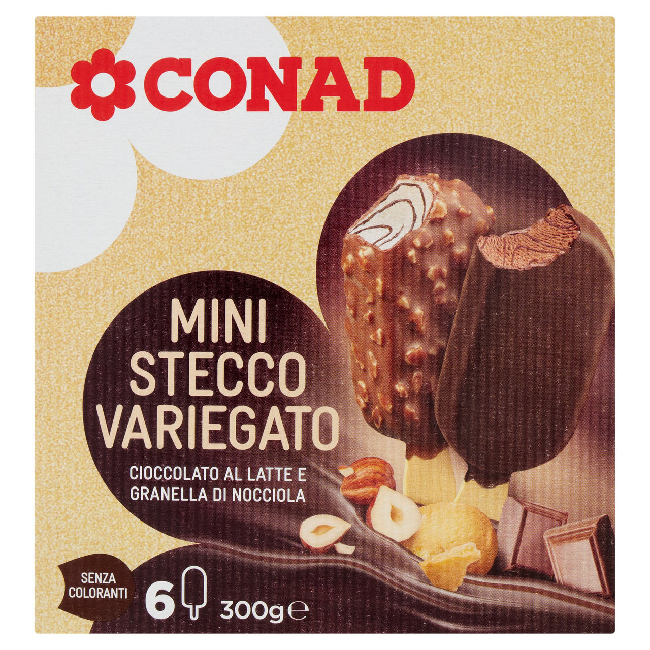 CONAD Mini Stecco Variegato Cioccolato al Latte e Granella di Nocciola 6 x 50 g