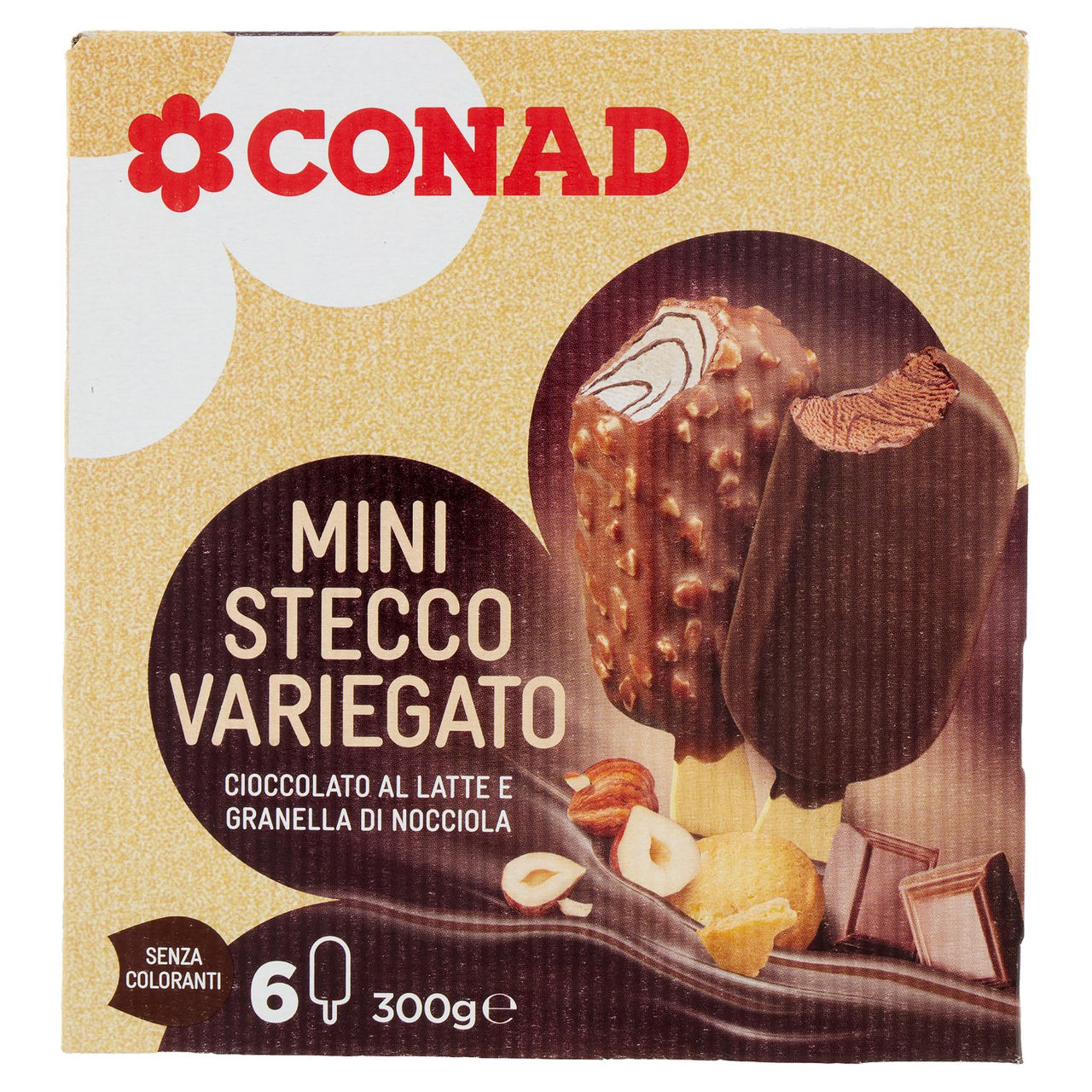 CONAD Mini Stecco Variegato Cioccolato al Latte e Granella di Nocciola 6 x 50 g