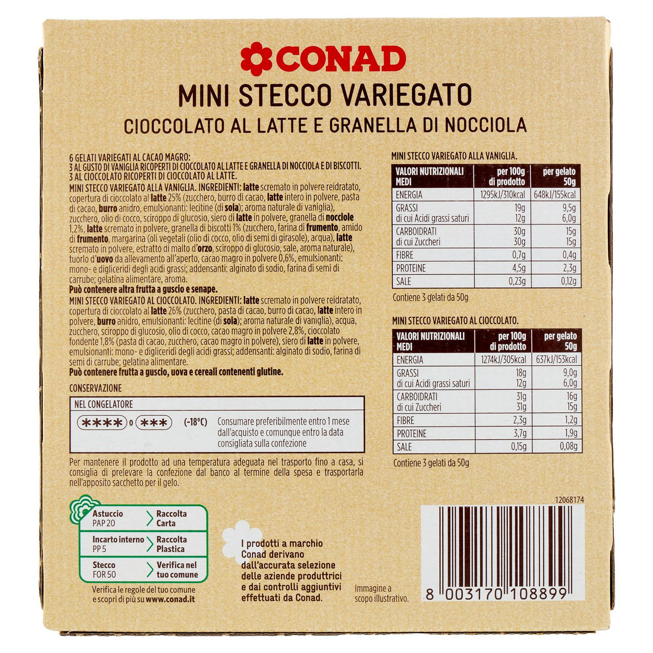 CONAD Mini Stecco Variegato Cioccolato al Latte e Granella di Nocciola 6 x 50 g