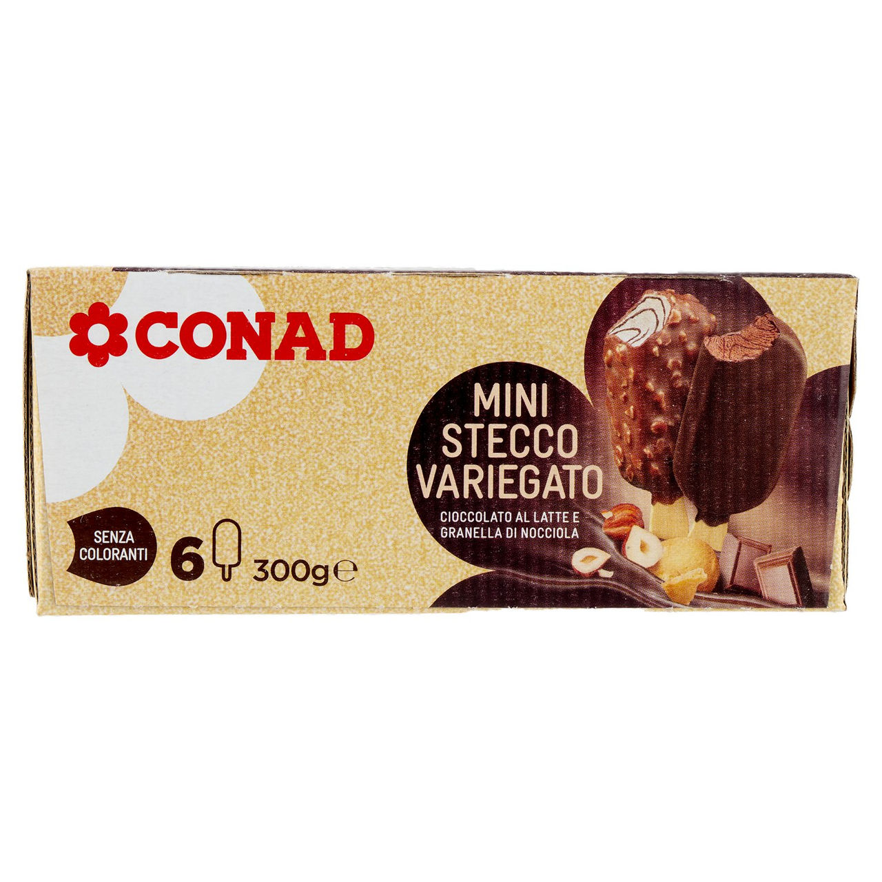 CONAD Mini Stecco Variegato Cioccolato al Latte e Granella di Nocciola 6 x 50 g