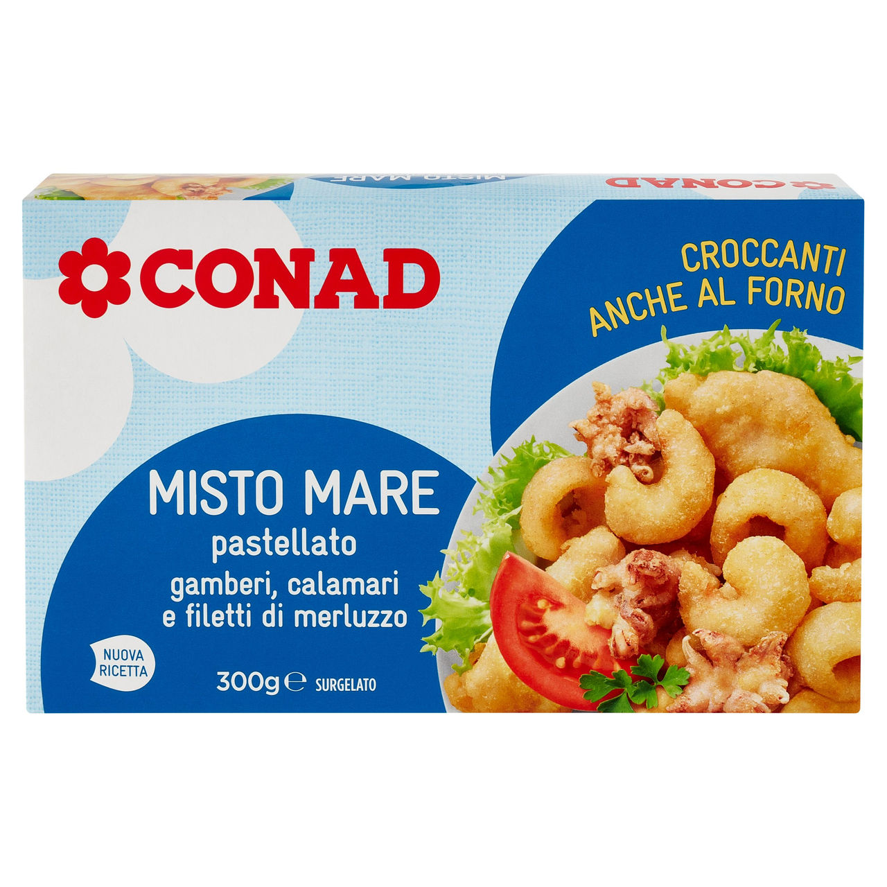 CONAD Misto Mare pastellato gamberi, calamari e filetti di merluzzo Surgelato 300 g