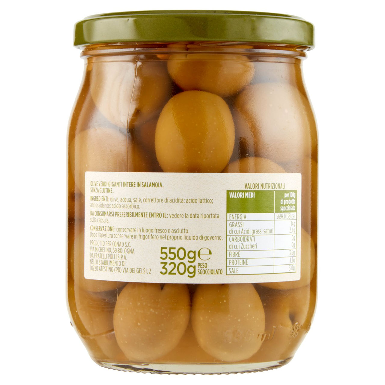 Olive Verdi Intere Giganti in Salamoia 550 g Conad
