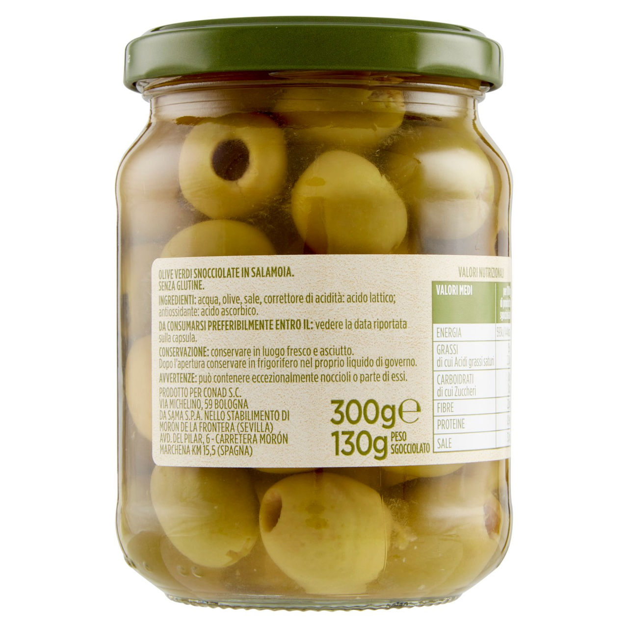 Olive Verdi Snocciolate in Salamoia 300 g Conad