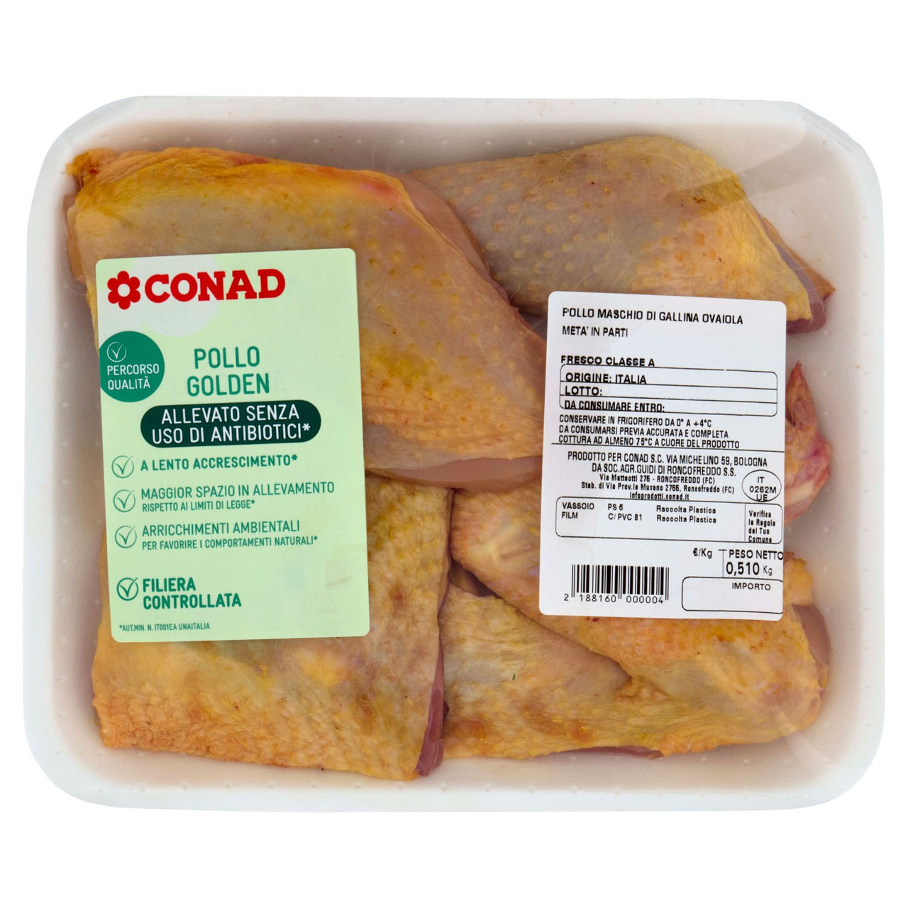 CONAD Percorso Qualità Pollo Golden Allevato Senza Uso di Antibiotici* Pollo Maschio a Metà in Parti