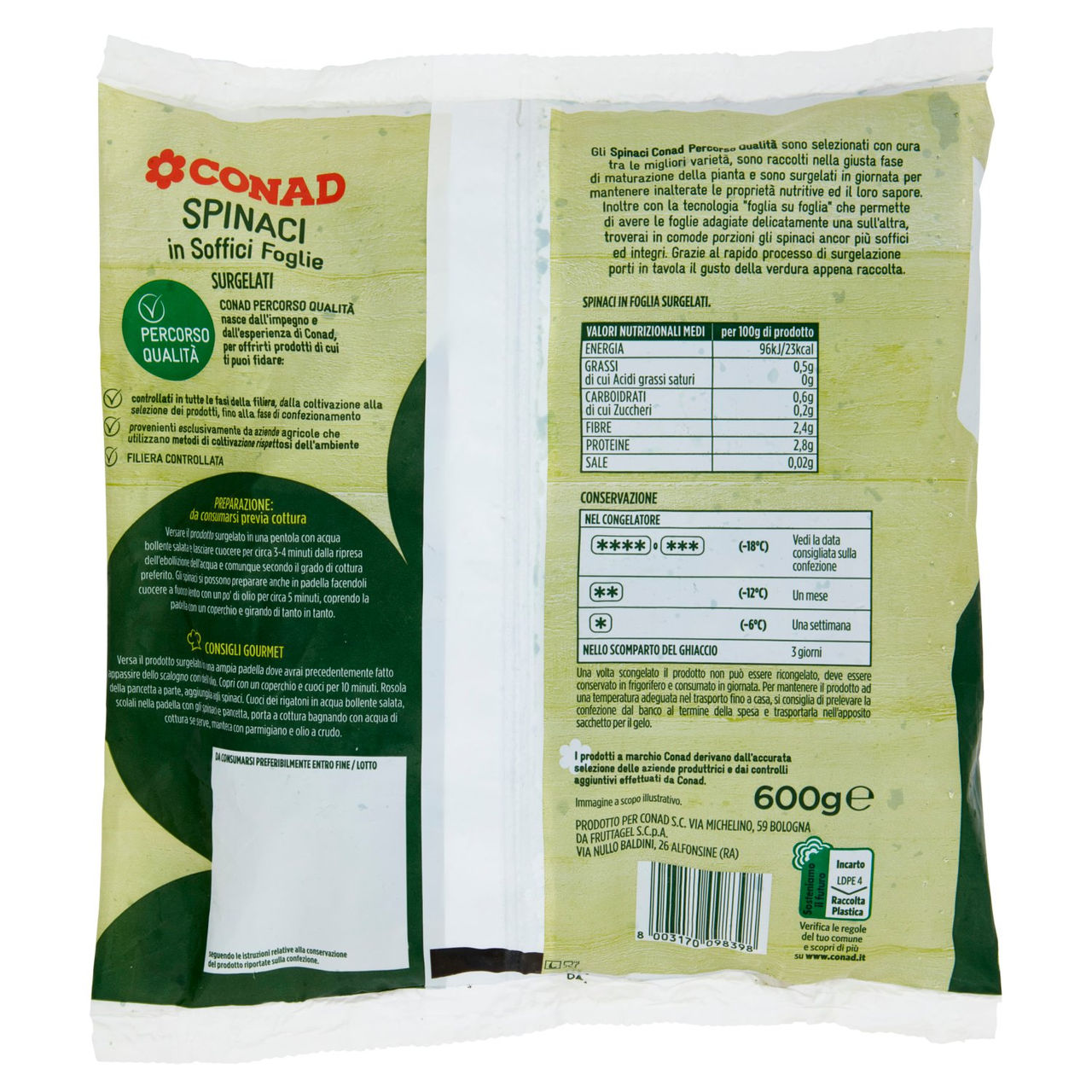 CONAD Percorso Qualità Spinaci in Soffici Foglie Surgelati 600 g