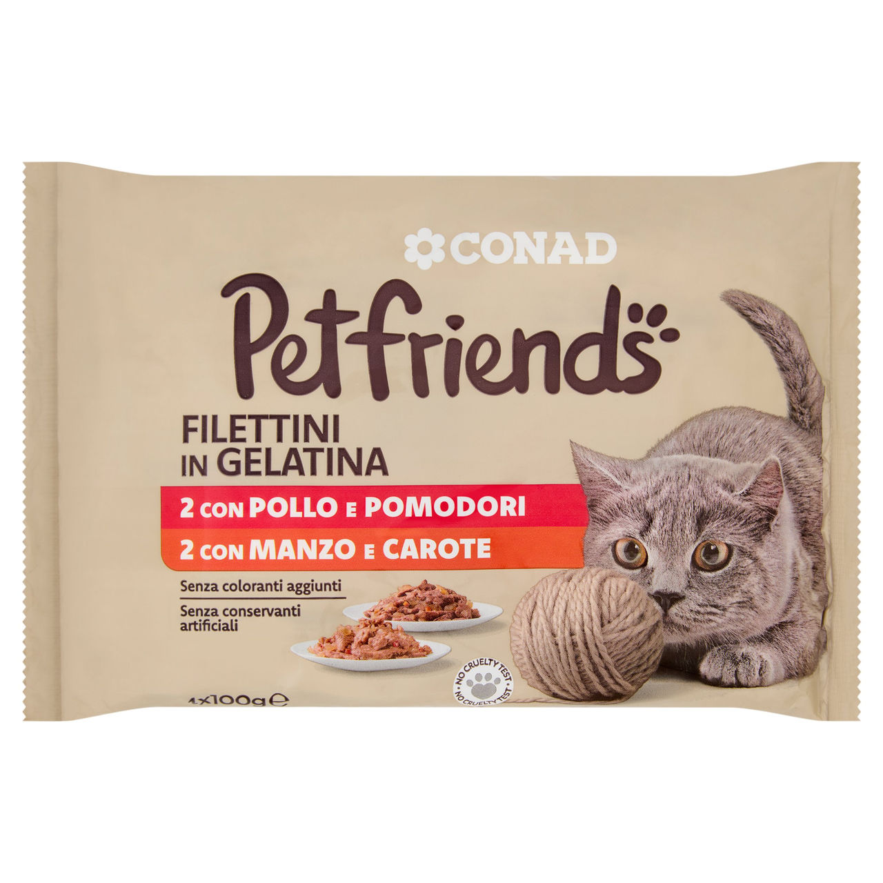 CONAD Petfriends Filettini in Gelatina 2 con Pollo e Pomodori, 2 con Manzo e Carote 4 x 100 g