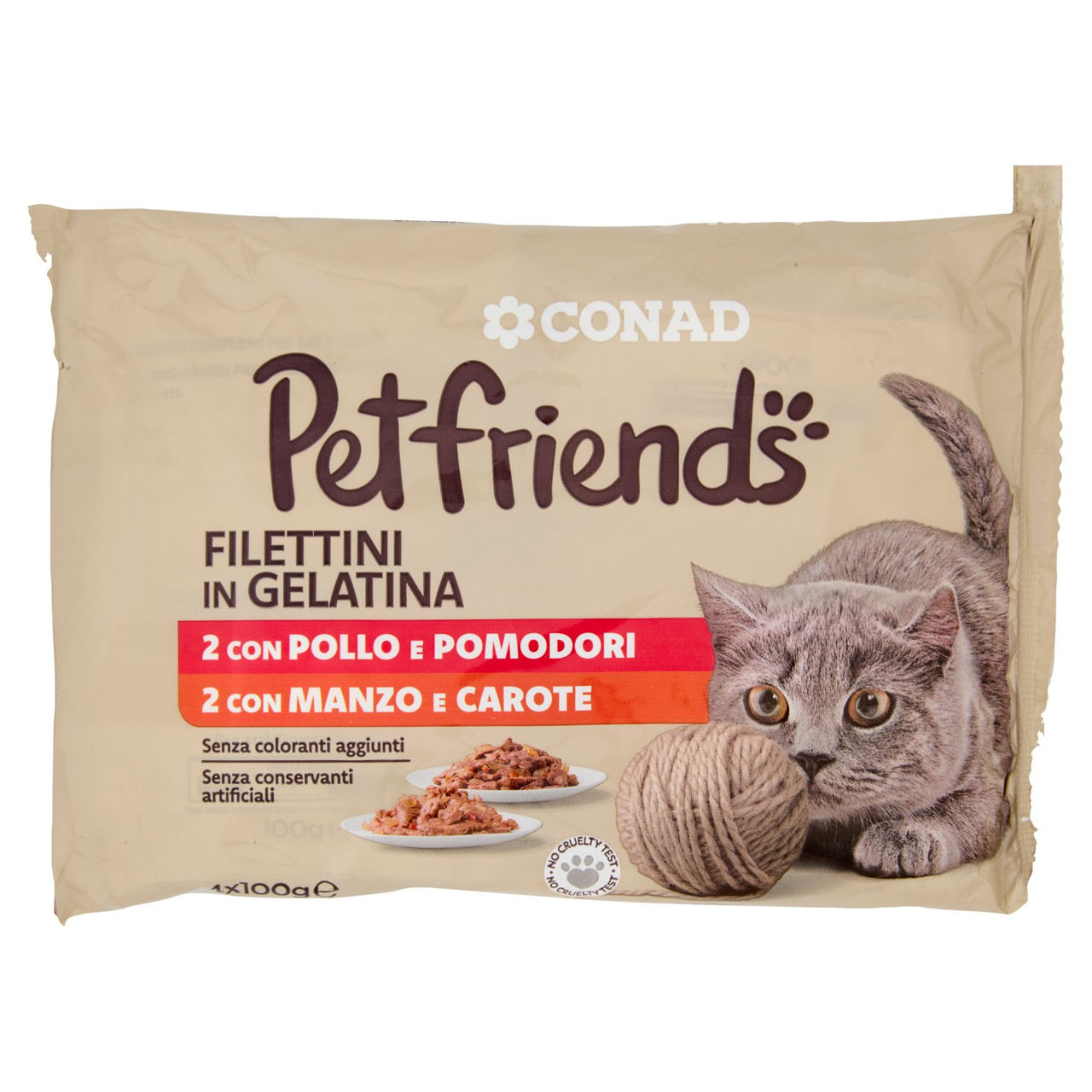 CONAD Petfriends Filettini in Gelatina 2 con Pollo e Pomodori, 2 con Manzo e Carote 4 x 100 g