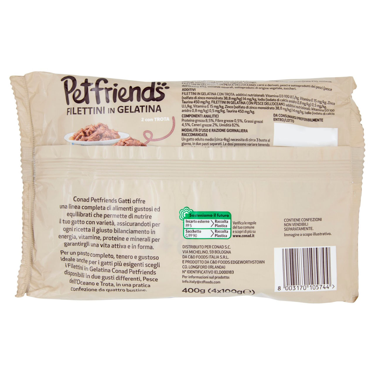 CONAD Petfriends Filettini in Gelatina 2 con Trota, 2 con Pesce dell'Oceano 4 x 100 g