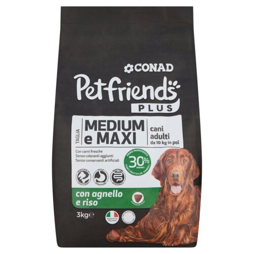 CONAD Petfriends Plus Taglia Medium e Maxi cani adulti da 10 kg in poi con agnello e riso 3 kg