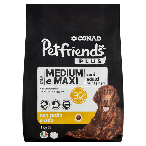 CONAD Petfriends Plus Taglia Medium e Maxi cani adulti da 10 kg in poi con pollo e riso 3 kg