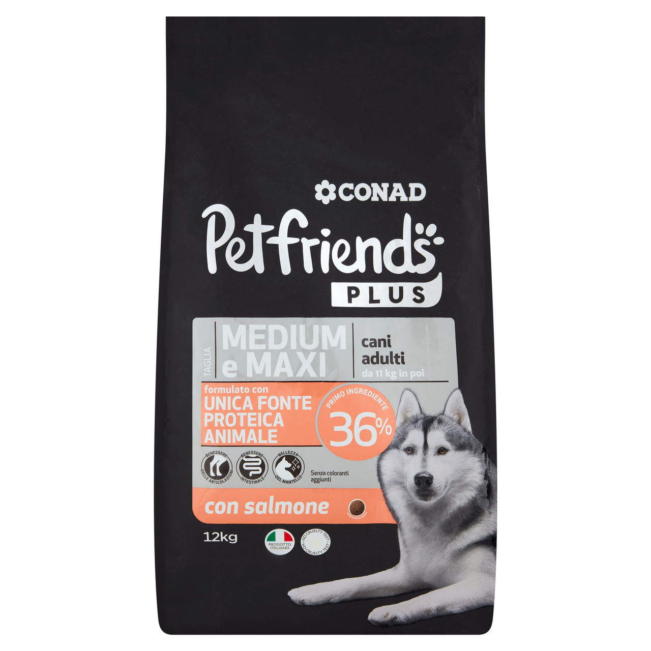 CONAD Petfriends Plus Taglia Medium e Maxi cani adulti da 11 kg in poi con salmone 12 kg