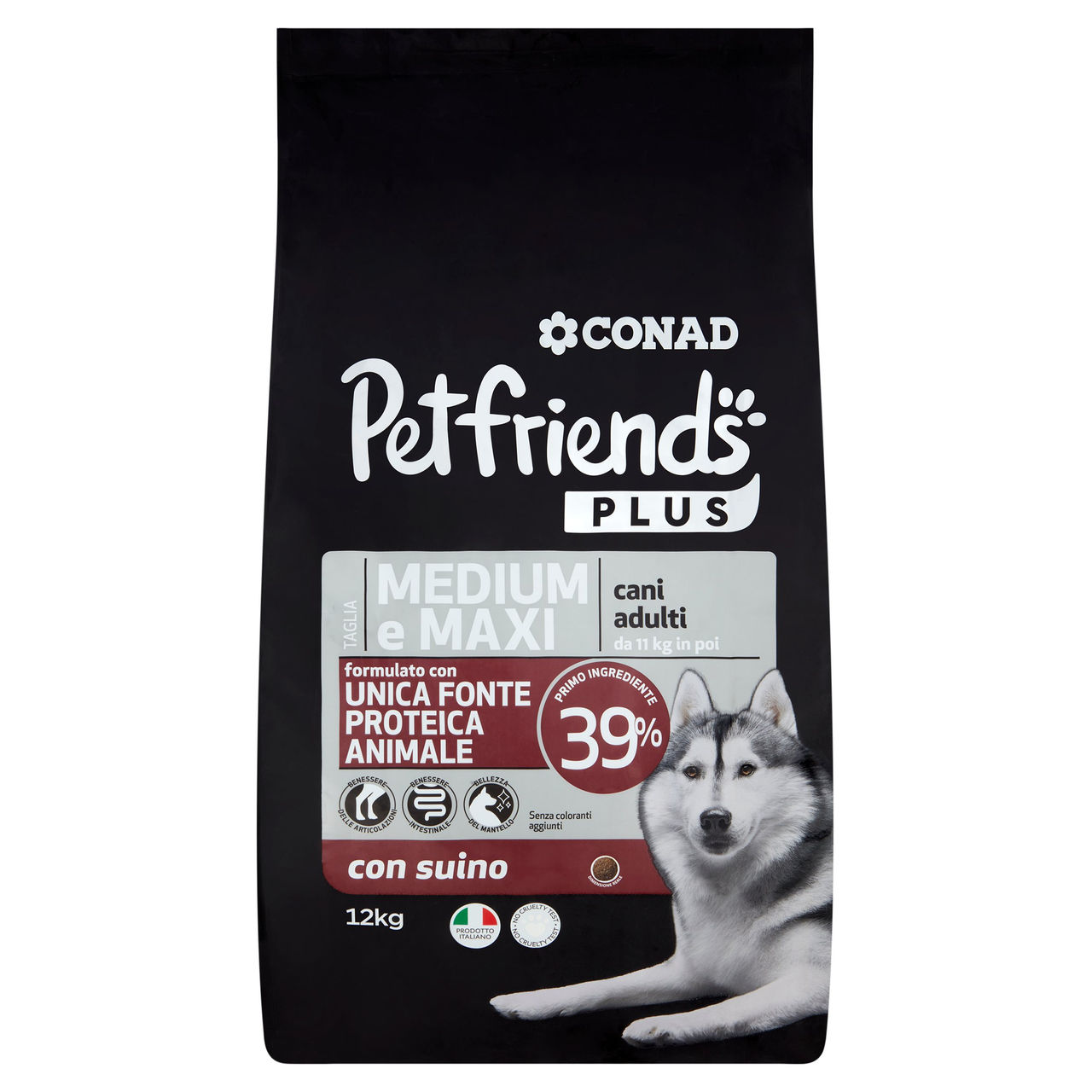 CONAD Petfriends Plus Taglia Medium e Maxi cani adulti da 11 kg in poi con suino 12 kg