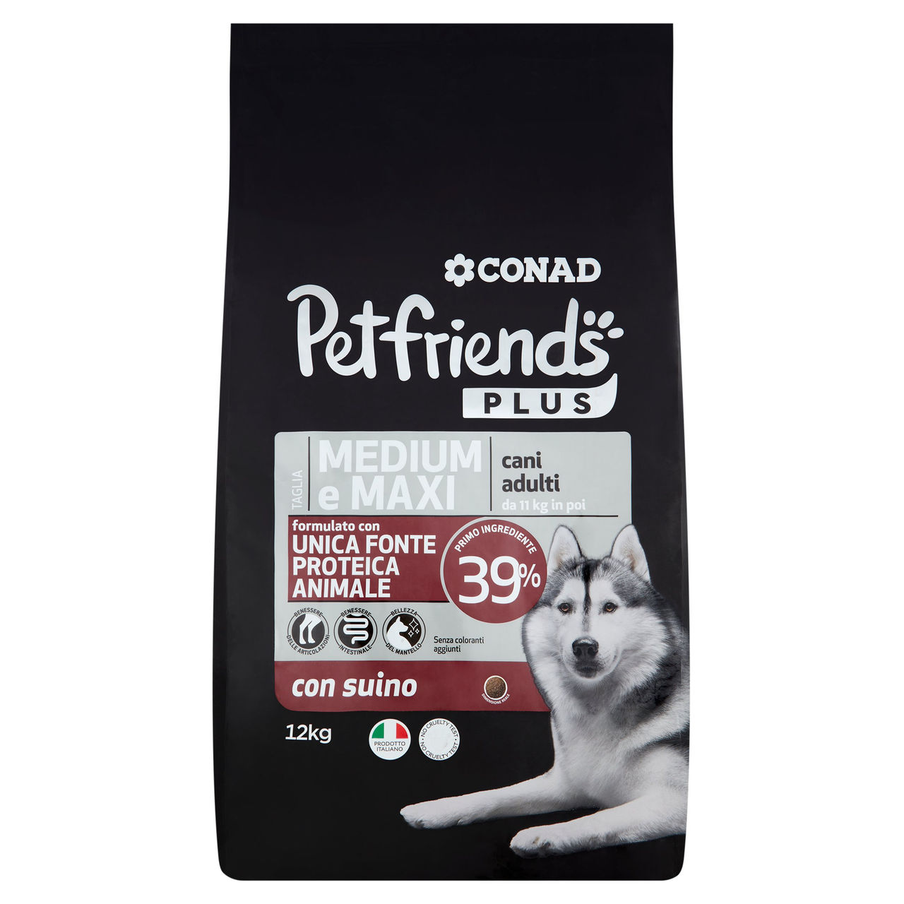 CONAD Petfriends Plus Taglia Medium e Maxi cani adulti da 11 kg in poi con suino 12 kg