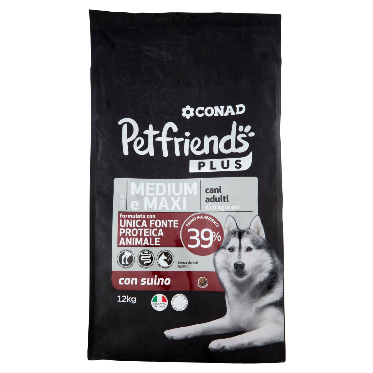 CONAD Petfriends Plus Taglia Medium e Maxi cani adulti da 11 kg in poi con suino 12 kg