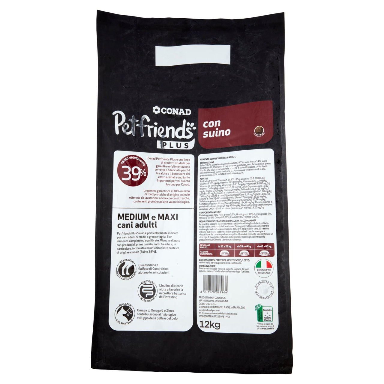 CONAD Petfriends Plus Taglia Medium e Maxi cani adulti da 11 kg in poi con suino 12 kg