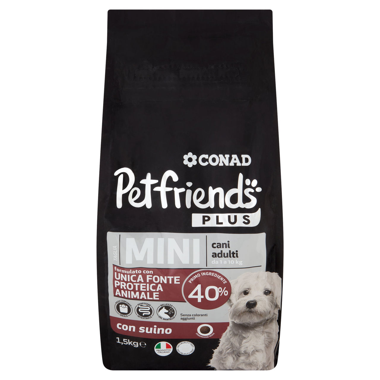 CONAD Petfriends Plus Taglia Mini cani adulti da 1 a 10 kg con suino 1,5 kg