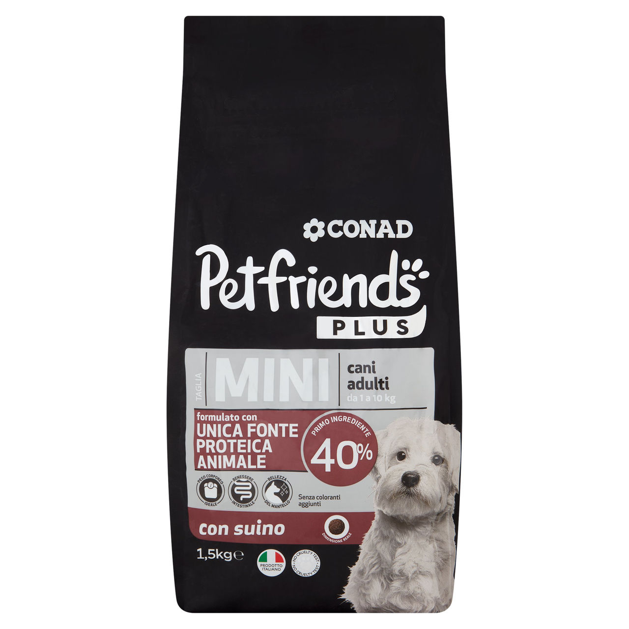 CONAD Petfriends Plus Taglia Mini cani adulti da 1 a 10 kg con suino 1,5 kg