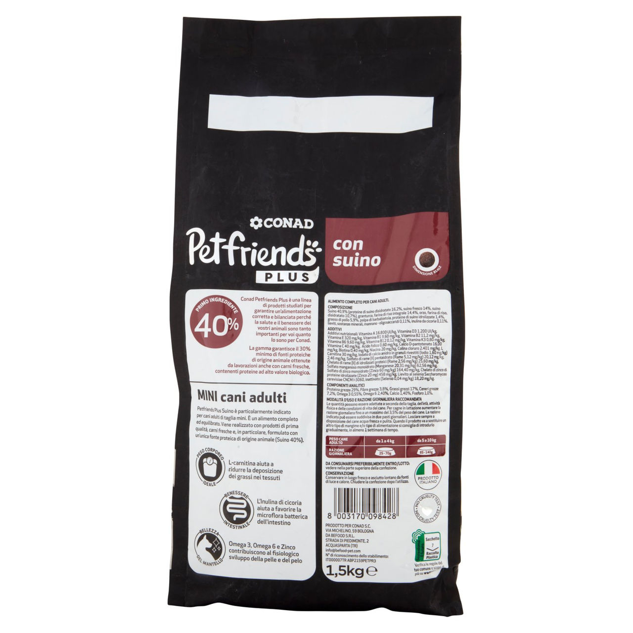 CONAD Petfriends Plus Taglia Mini cani adulti da 1 a 10 kg con suino 1,5 kg