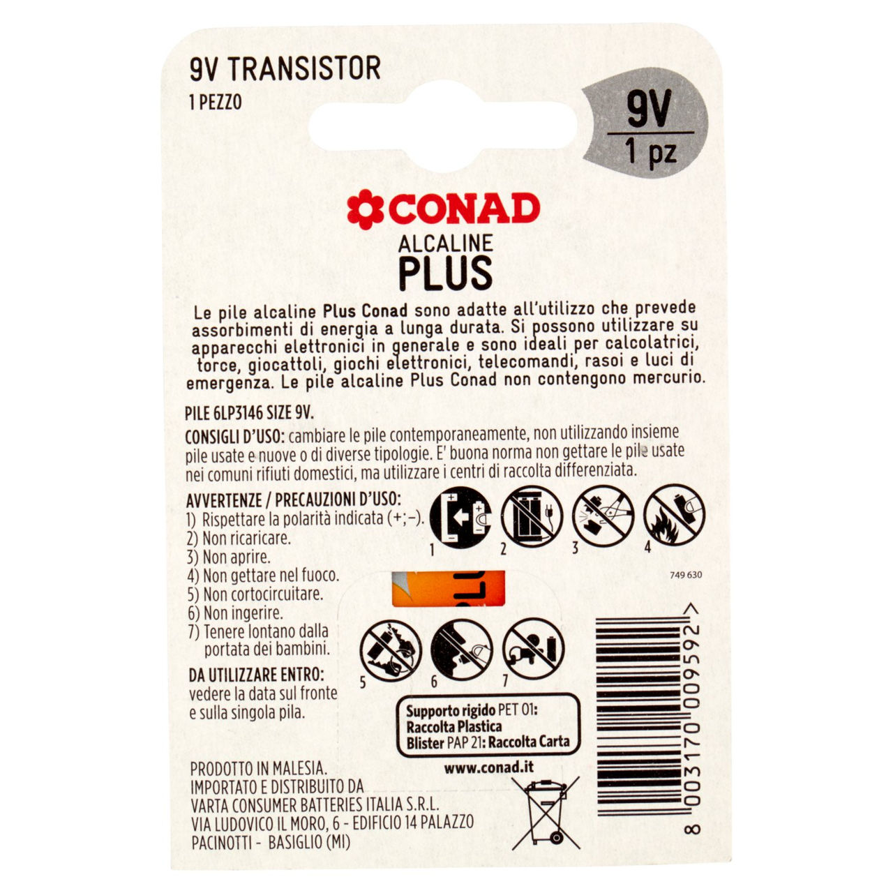 CONAD Pila Alcaline Plus Transistor 9V 1 pz