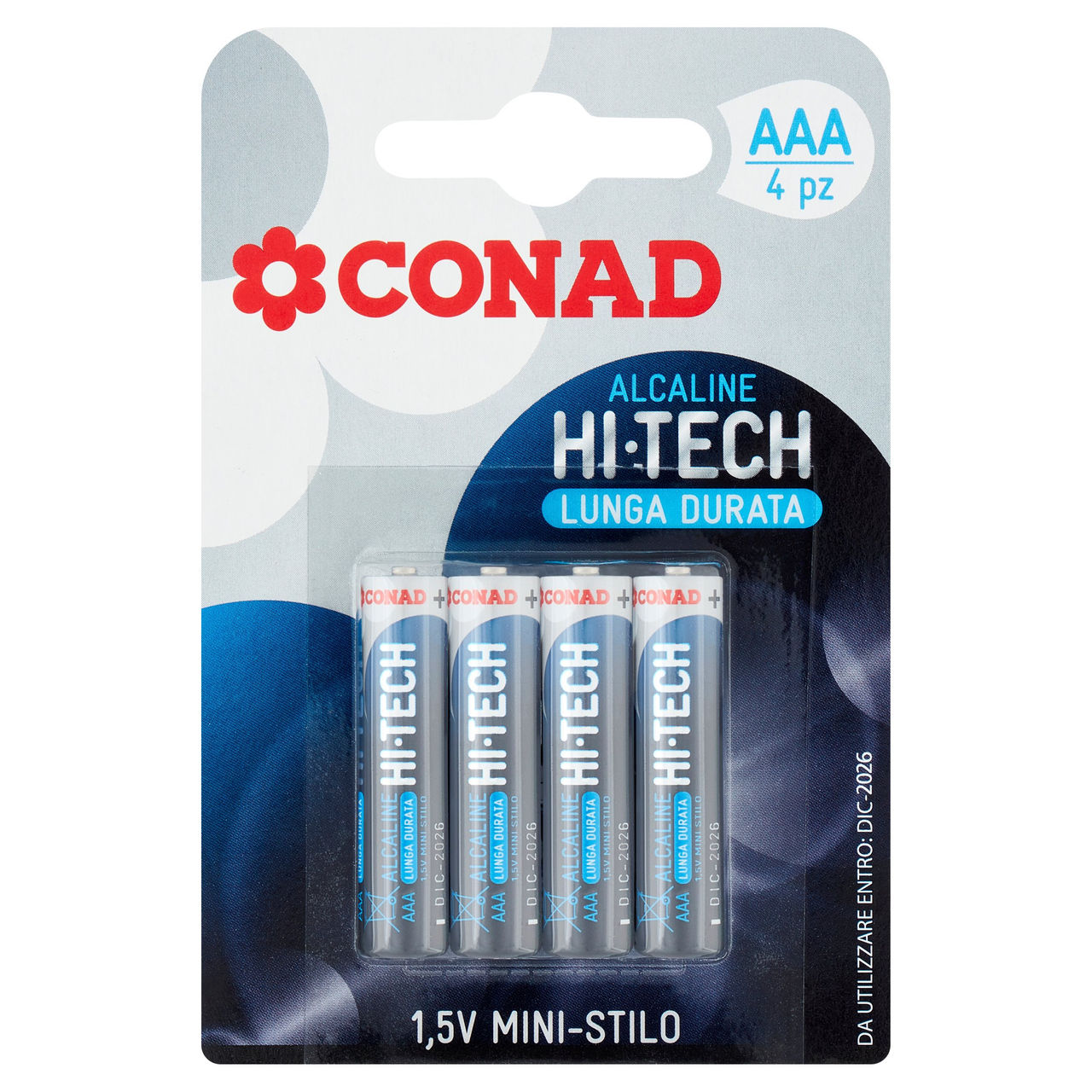 CONAD Pile Alcaline Hi-Tech Lunga Durata Mini-Stilo 1,5V 4 pz