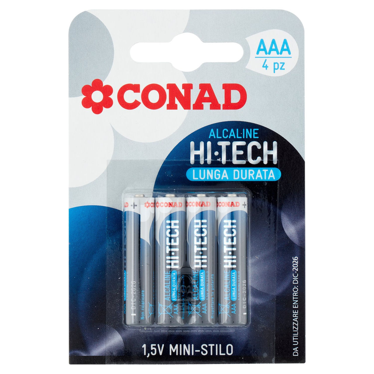 CONAD Pile Alcaline Hi-Tech Lunga Durata Mini-Stilo 1,5V 4 pz