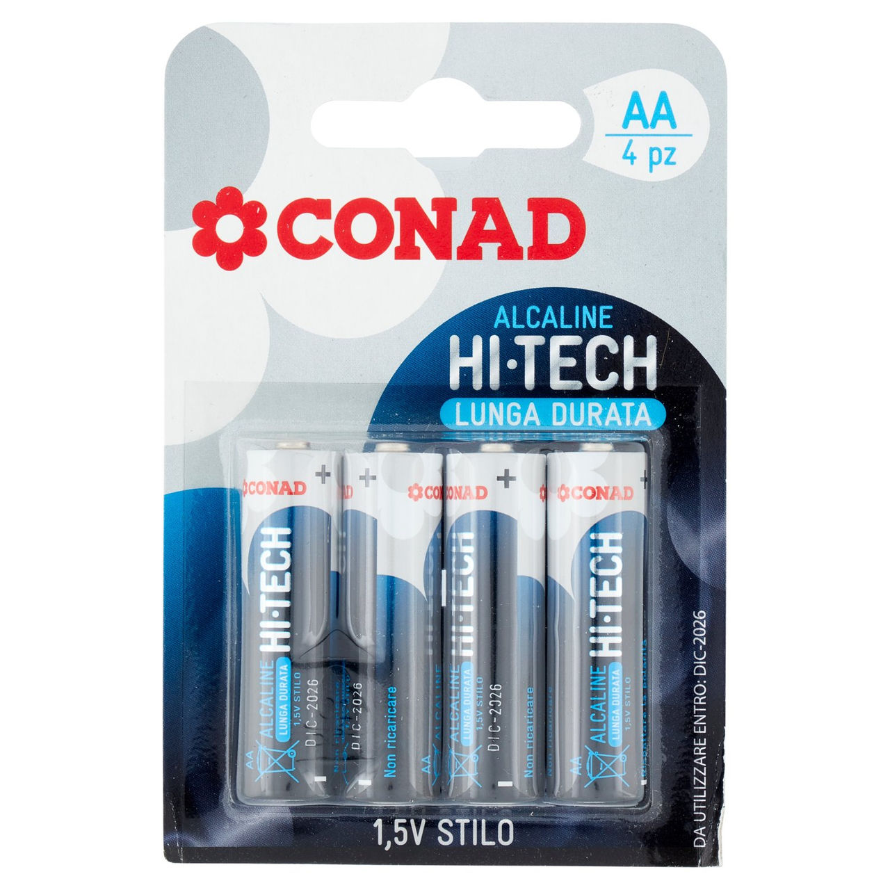 CONAD Pile Alcaline Hi-Tech Lunga Durata Stilo 1,5V 4 pz