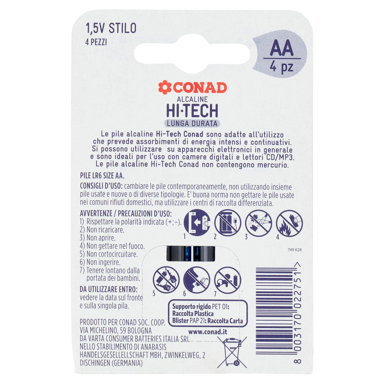 CONAD Pile Alcaline Hi-Tech Lunga Durata Stilo 1,5V 4 pz